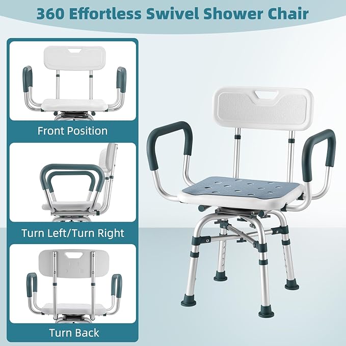 Swivel Shower Chair with Arms and Back, 500 lbs Heavy Duty Shower Stool for Inside Shower Stall and Bathtub, Height Adjustable Rotating Shower Chair & Seat for Elderly, Adults, Handicap and Disabled