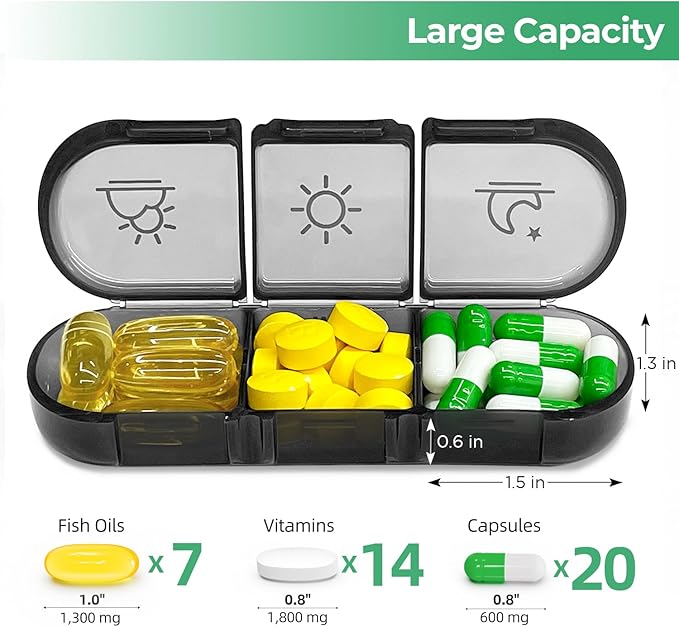 PULIV Weekly Pill Organizer 3 Times a Day, Portable Travel Pill Box 7 Day with Large Pill Containers, Light-Proof Pill Case for Vitamins, Medication, Supplements and Fish Oils (Black)
