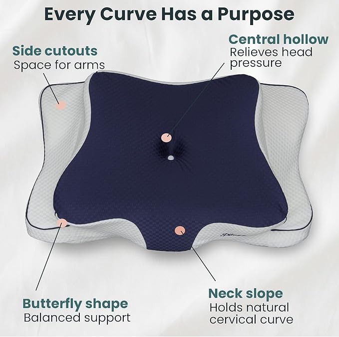 Cervical Neck Pillow for Sleeping – Cooling Memory Foam Cervical Pillow for Side Sleepers and Back Sleepers – Contour Ergonomic Neck Support (Dark Blue/White, Cooling)