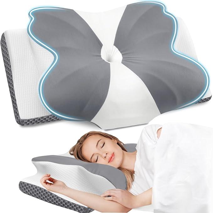 CloudBliss Cervical Memory Foam Pillow for Neck and Shoulder, Contour Neck Support Pillow with Cooling Case, Ergonomic Bed Pillow, Support for Side Back Stomach Sleepers (Grey, Standard Size)