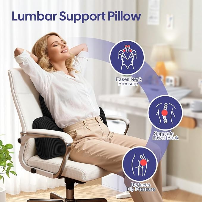 Lumbar Support Pillow for Recliner, Large Back Support Pillow for Office Chair, Tufted Corduroy Back Cushion for Elderly, Lower Back Pain Relief, Ideal for Sofa & Couch, Black
