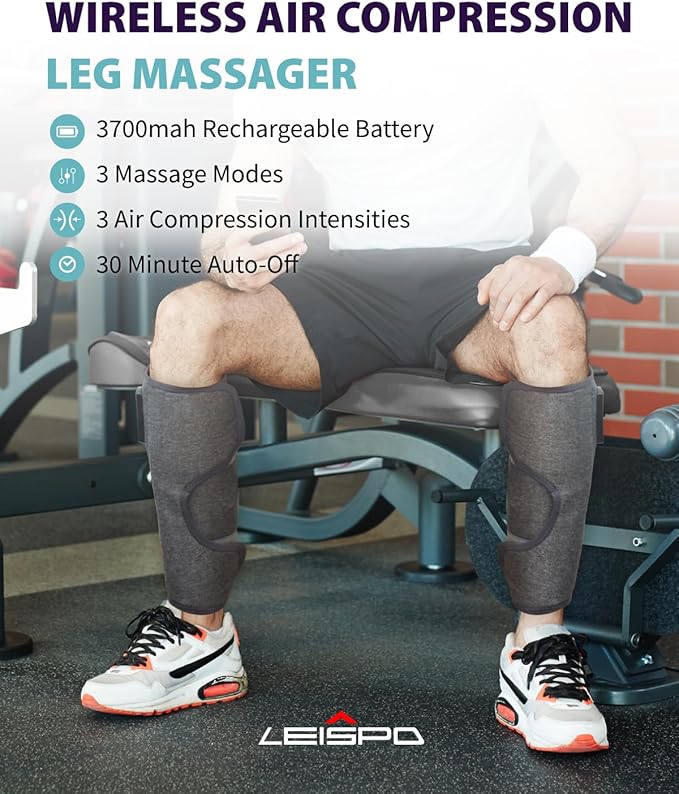 Wireless Leg Massager - Air Compression Cordless Calf Massager with Heat for Circulation, Pain Relief, and Recovery, 4 Modes & 3 Intensities, Portable and Adjustable (Gray, Set of 2)
