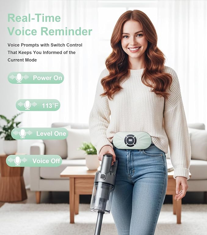 Portable Cordless Heating Pad for Period Cramps, Voice Reminder Menstrual Heating Pad with 6 Heat Levels and 6 Massage Modes, 3s Fast Heating, Gifts for Women Girls, Green