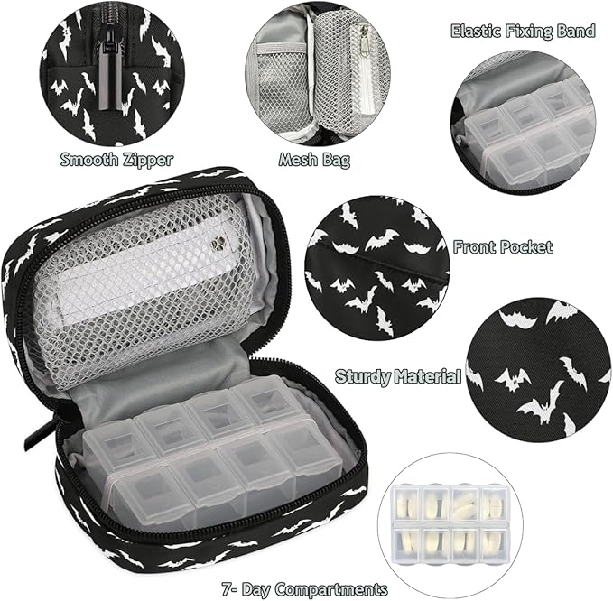 Weekly Travel Pill Organizer Case for Purse with Removable 7 Day Box Portable Compact Size Pill Box Fashionable Pill Container for Medicine Vitamin Supplement Halloween Goth Bat