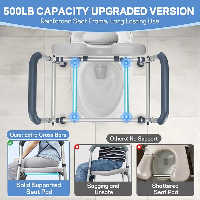 Raised Toilet Seat with Handles, Toilet Seat Riser for Seniors with Adjustable Height & Width, Extra Support Bars for Soft Padded Seat Handicap Elevated Toilet Seat for Elderly, Fit Any Toilet