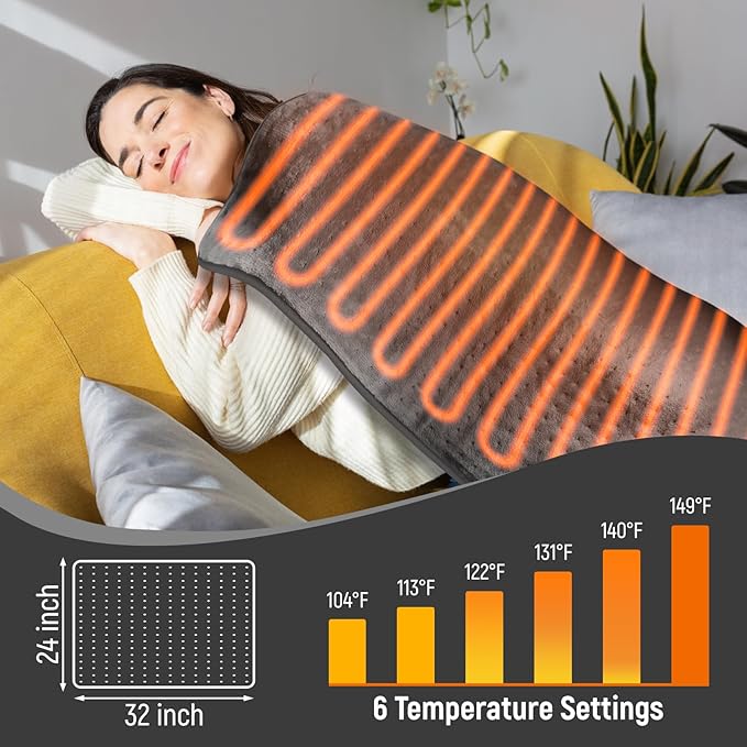 Extra Large Heating Pad for Back Pain Relief, 32"x24" King Size Electric Heating Pad for Period Cramps & Body Shoulder Legs Knee Feet, 6 Heat Settings, Auto-Off, Machine Washable, Gifts for Women Men