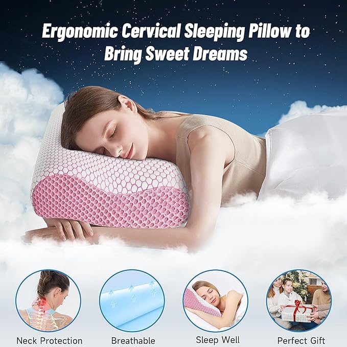 CloudBliss Memory Foam Pillow, Ergonomic Neck Contour Cervical Pillow for Back and Shoulder Pain, Orthopedic Pillow for Neck Pain Relief, for Sleeping Side, Back, Stomach Sleepers - Pink, Standard