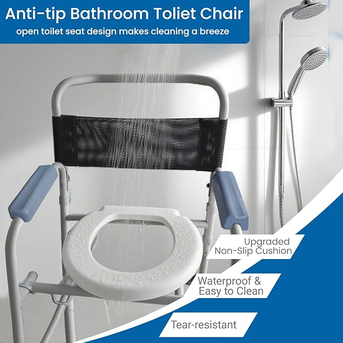 Aliseniors 3-in-1 Rolling Shower Chair with Wheels, Bedside Commode Transport Wheelchair, Waterproof Inside Bathroom & Toilet Chair for Handicap, Elderly, Injured or Disabled, 250 lbs