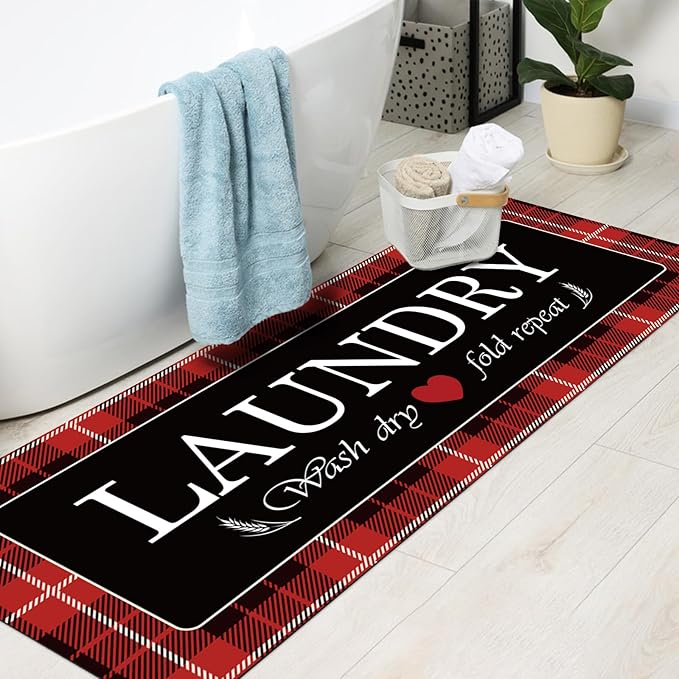 XLHOMO Laundry Room Rug Runner, 17"x47" Buffalo Plaid Non Slip Red Laundry Rugs, Farmhouse Washable Floor Laundry Mats for Laundry Room, Mudroom, Kitchen, Washroom, Bathroom, Entryway Rugs Decor