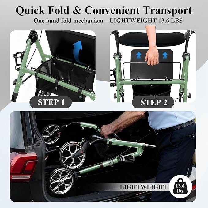 Cosydora Rollator Walkers for Seniors with Seat, 13.6 Lbs Ultra Lightweight Foldable Rolling Walker, 350Lbs Heavy Duty Aluminum, 8" All Terrain Wheels, Dual Adjustable Height, Sage Green