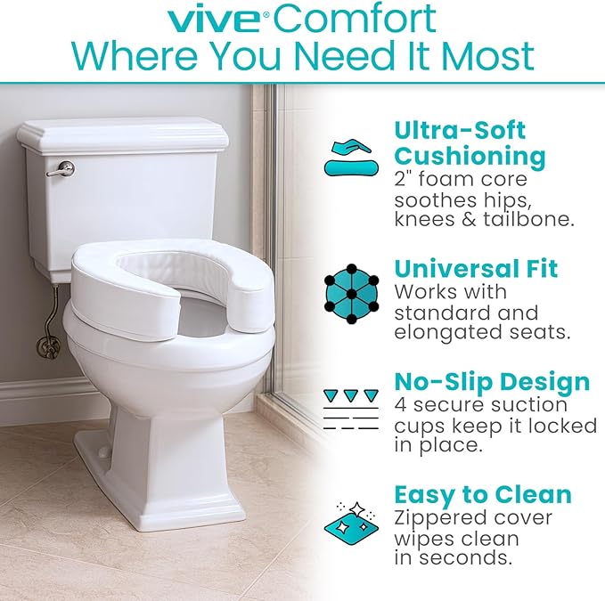 Vive Toilet Seat Cushion (Soft Cushioned Foam) - Easy Clean, Padded Bathroom Attachment - Elongated, Standard Seats - Comfort & Support Donut for Handicap Adults