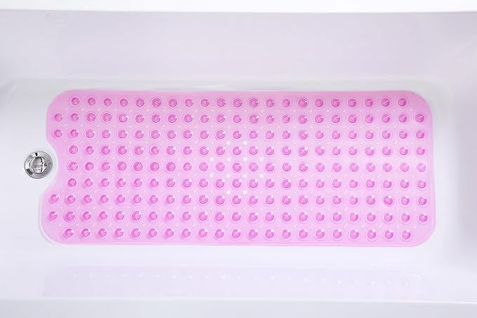 Extra-Long Non-Slip Bathtub & Shower Mat 39”x16” (Smooth/Non-Textured Tubs Only) Safe, Clean, Machine-Washable, Superior Grip&Drainage, Vinyl, Transparent Pink