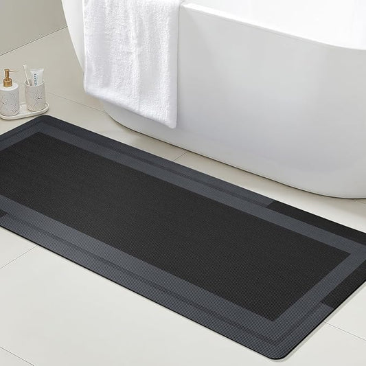 ACCUMTEK Non Slip Bath Mat, Thin Bathroom Rugs Fit Under Door, Quick Dry Bath Mats, Machine Washable Bath Rugs for Bathroom, Bathtub & Kitchen, Bathtub, Black/Bordered/59 x20