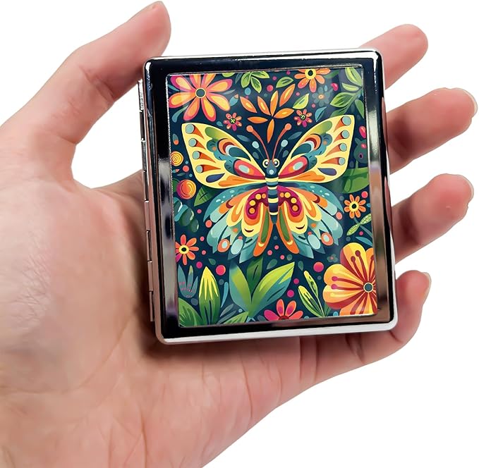 Metal Pill Organizer Box with Mirror – 8 Compartment Chrome Pill Case, Pocket-Size Travel Pill Container for Vitamins, Seniors, Daily Use (Playful Butterfly)