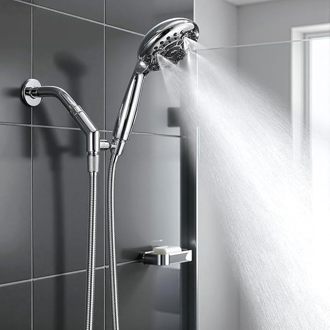 G-Promise Handheld Shower Head High Pressure 6 Spray Settings, Detachable Hand Held Showerhead 4.9 Inch Face with Extra Long Flexible Hose and Angled Bracket for Caddy & Shelf Installation