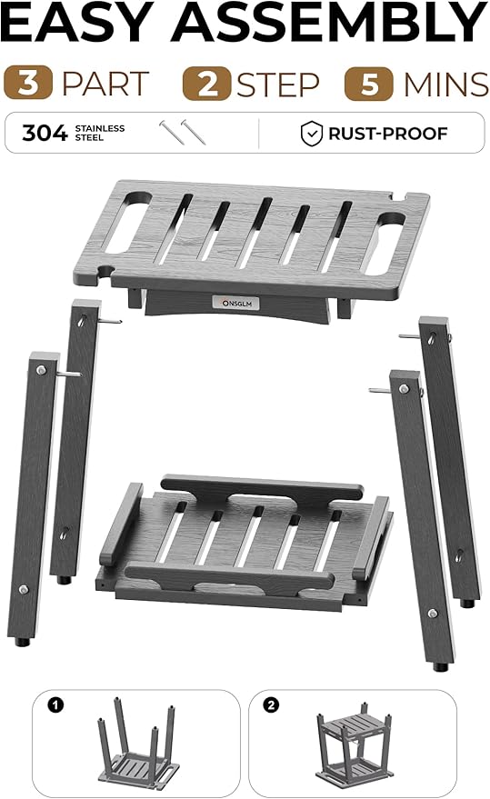 Shower Bench Seat, Non-Slip Shower Benches for Inside Shower to Sit on, HDPE Waterproof Shower Stool for Shaving Legs, Shower Chair with Adjustable Feet for Bathroom, Indoor/Outdoor Use, Grey