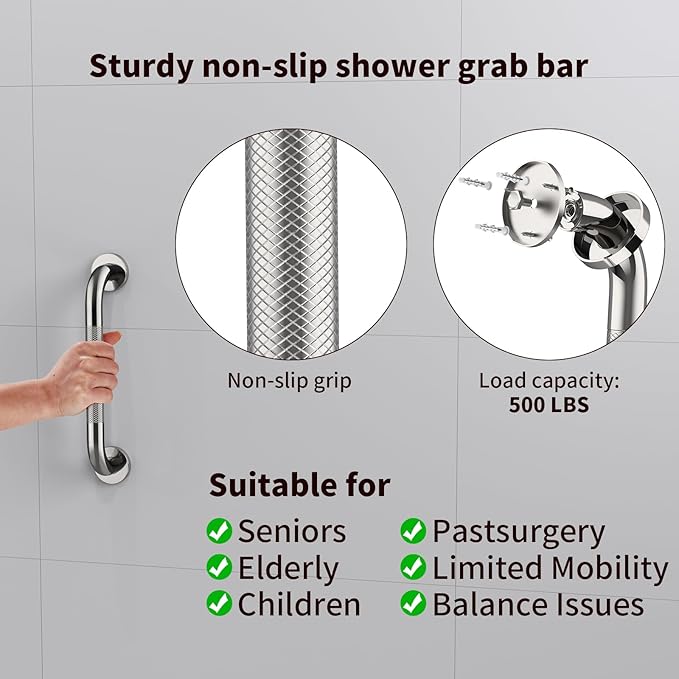 2 Pack 12 Inch Anti Slip Shower Grab Bar Handle, ZUEXT Chrome Stainless Steel Bathroom Grab Bar, Knurled Bathroom Balance Bar,Safety Hand Rail Support,Handicap Elderly Injury Senior Assist Bath Handle