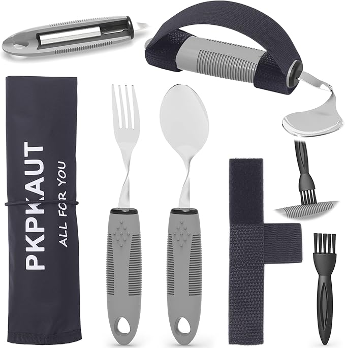 Weighted Parkinsons Utensils for Hand Tremors, Weighted Silverware for Parkinsons Patients Arthritic Hands, Built Up Utensils for Adults, Adaptive Eating Utensils for Disabled People Elderly