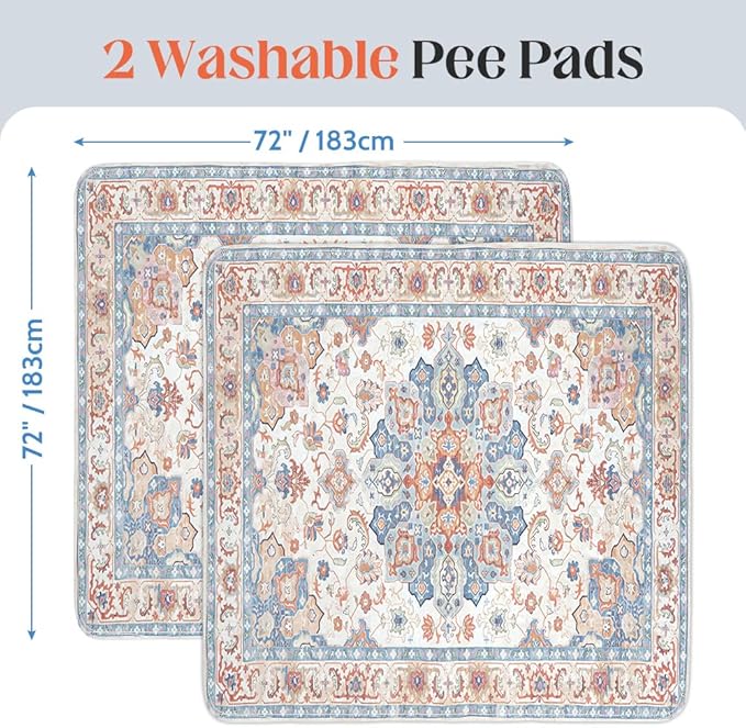 Washable Pee Pads for Dogs 2 Pack Reusable Puppy Training Pads 72"x72" Super Absorbent Waterproof Dog Training Pads, Non-Slip Potty Pads Whelping Pads Litter Mat Pet Supplies - Orange/Mix
