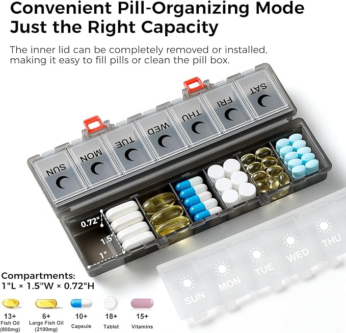 Foldable Pill Organizer Weekly 2 Times a Day, 7 Day Portable AM PM Travel Pill Case with Black&White Labels, Dual-Protection Daily Medicine Box, Large Pill Container for Vitamin/Supplement-Clear Black