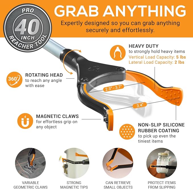 EZPIK Pro 40" Extended Grabber Reacher Tool for Elderly, Trash Hand Grabber Pickup Sticks for Seniors, Extension Gripper Claw Pickup Tool, Hand Extension Magnetic Folding Tongs 2-Pack (Silver)