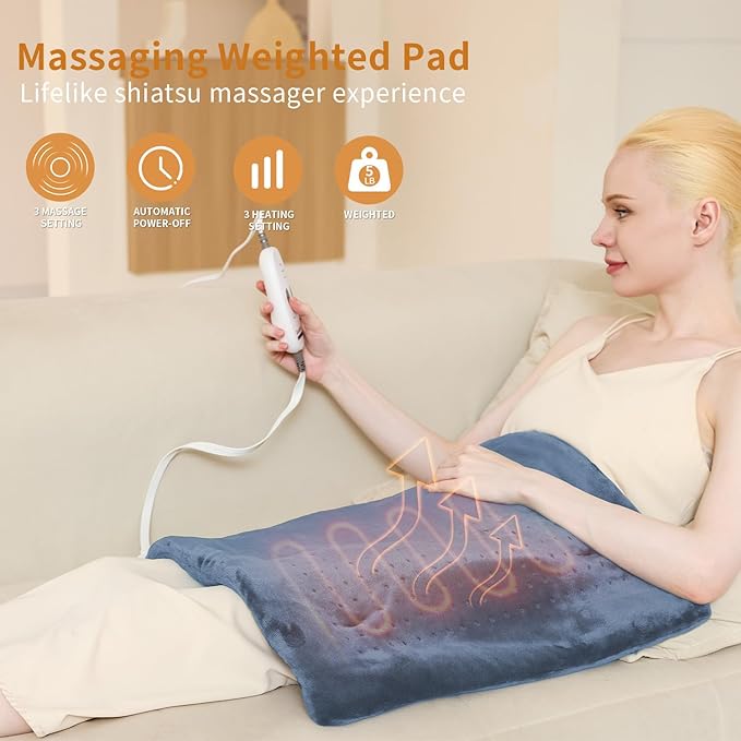 SAROO Heating Pad for Back Pain Relief,Massaging Weighted Heating Pads for Neck,Shoulder,Cramp,Portable Heated Pad with 3 Heat Settings & 6 Massage,18 Relaxing Combinations,Auto Off,12"*24",Denim Blue