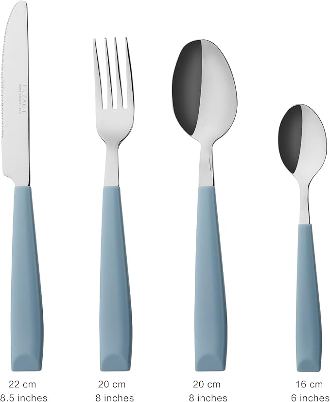 EXZACT 16-Piece Flatware Set for 4 – Colored Stainless Steel Cutlery with Wide Plastic Handles – Comfortable Tableware: Forks, Knives, Spoons, Teaspoons