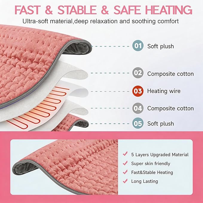 Pink Heating Pad for Gifts Soothing Heat Therapy for Women & Men, Perfect Christmas, Mothers Day, Birthday Gifts fo r Her, Dad Gifts & White Elephant Gift, Cozy Stocking Stuffer for Women/Mom