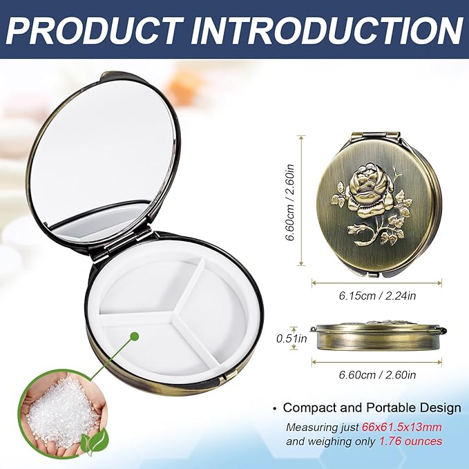 Portable Round Metal Pill Case with Mirror, Featuring 3 Compartments—Perfect for Travel. BPA-Free. (S-Bronze, Small)