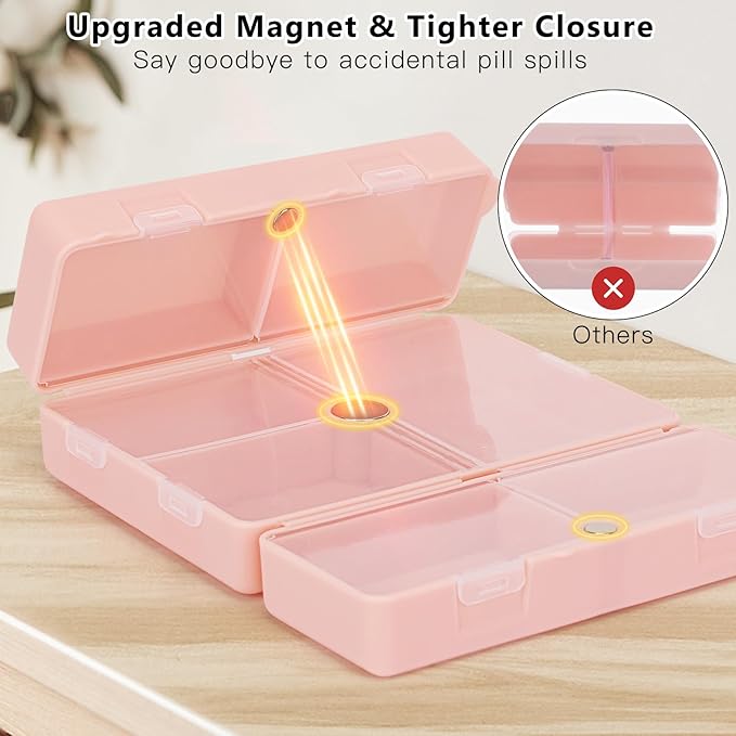FYY 2 Pcs Daily Pill Organizer, 7 Compartments Portable Pill Case Travel Pill Organizer,[Folding Design] Pill Box for Purse Pocket to Hold Vitamins,Cod Liver Oil,Supplements and Medication-Pink