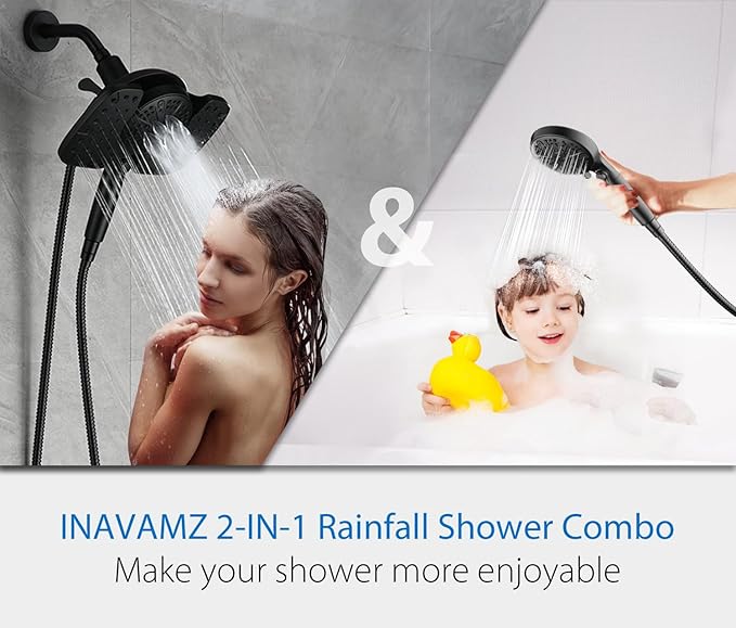 INAVAMZ Black Shower Heads with Handheld Spray Combo 2.5GPM: 10” Rainfall Shower Head & Detachable Shower Head, 9 Spray Settings Handheld Shower Head with ON/OFF Switch and 15-Stage Filter