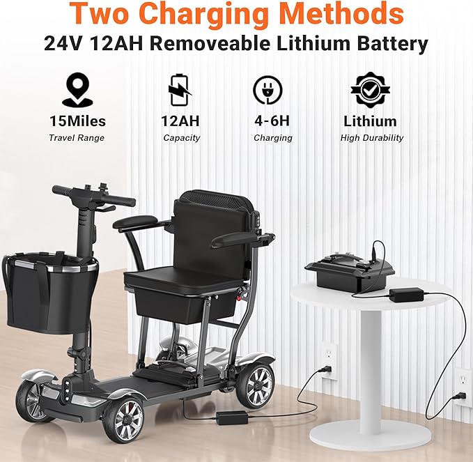 Mobility Scooter for Adults, 4 Wheels Mobility Scooter with LCD Display, 350LBS Capacity & Lithium Battery, Airline Approved, 38LBS Motorized Mobility Scooter for Seniors (Silver, 15 MI-211)