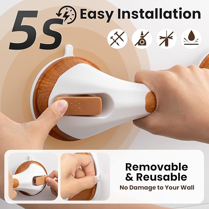 TAILI Grab Bars for Bathtubs and Showers 2 Pack Suction Grab Bar, Heavy Duty Shower Handle Removable Bath Handrails for Seniors and Elderly, Bathroom Safety Grip No Drilling Waterproof, Wood Grain