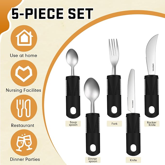Uiifan 2 Set (10 Pcs) Adaptive Utensils for Hand Tremors, Elderly, Arthritis, Parkinsons Stainless Steel Easy Grip Handles Non Weighted Built up Utensils for Adults Hands Tremors Elderly, Black