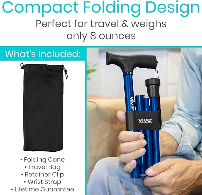 Vive Folding Cane - Foldable Walking Cane for Men, Women - Fold-up, Collapsible, Lightweight, Adjustable, Portable Hand Walking Stick - Balancing Mobility Aid - Sleek, Comfortable
