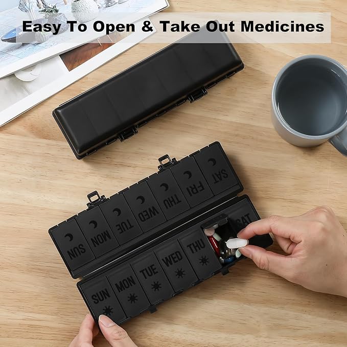 Foldable Pill Organizer 2 Times a Day w/Etched Labels -Dual Protection & Portable Weekly AM PM Pill Box, 7 Day Medicine Container, Large Travel Pill Case for Week Daily Supplement Vitamin - All Black