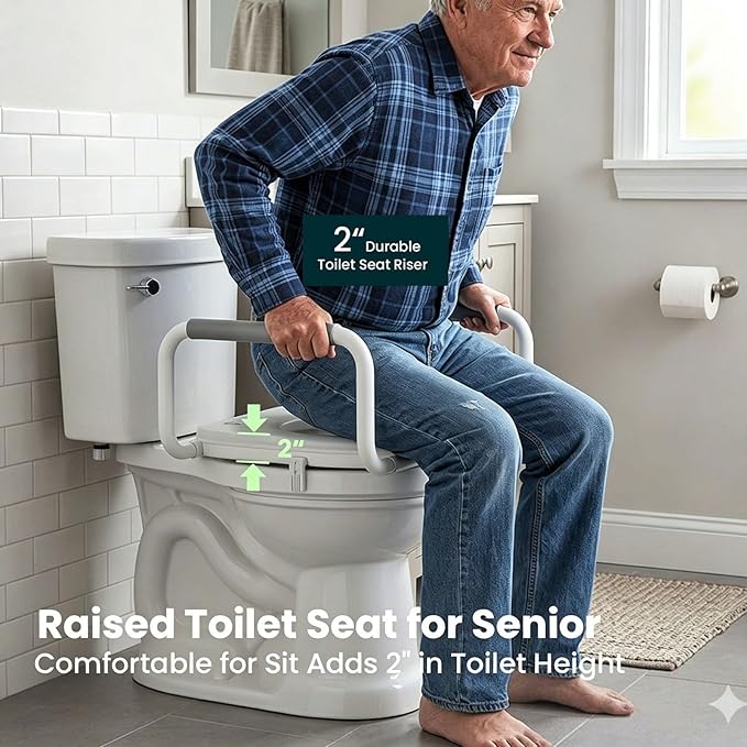 R&T 2" Toilet Seat Riser with Handles – Comfortable Raised Toilet Seat for Seniors, Fits for Elongated Toilets, Elevated Seat with Soft Grey Padded Arms for Bathroom