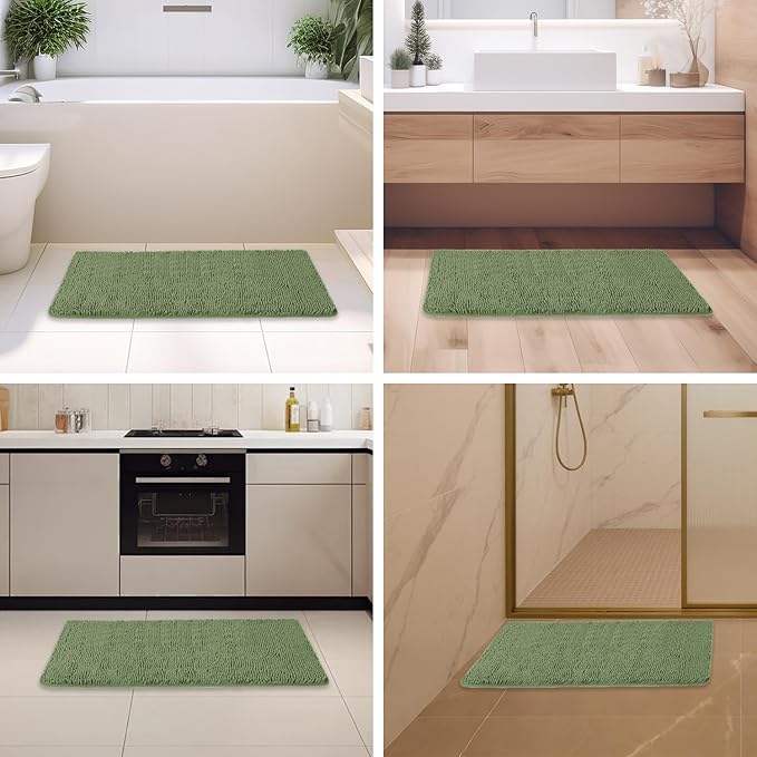 Loden Green Bathroom Rugs – Absorbent and Washable Bath Mat, Non-Slip, Thick Soft Chenille Bath Rugs for Bathroom Floor, Shower, Sink - 24" x 36"