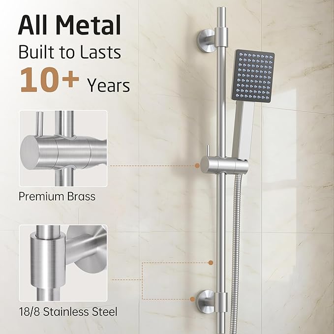 KES 30-Inch All-Metal Shower Slide Bar with Handheld Shower Head, Built-In Power Wash & Patented Auto-Reset, Adjustable Brackets Cover Hole, 18/8 Stainless Steel Slide Bar Shower System, Brushed Steel
