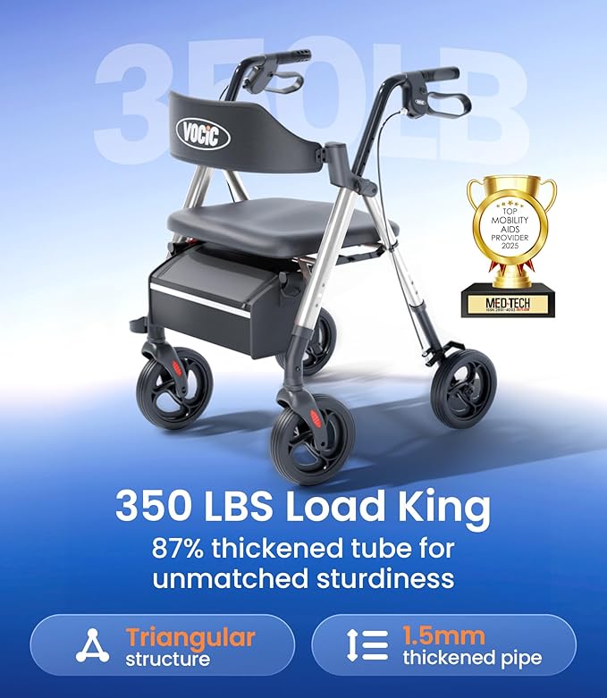 VOCIC Walkers for Seniors, Z21 Rollator Walker with Seat Supports 350lb, 8" Big Wheels for All Terrain, Ergonomic Arc Seat & 6" Ultra Backrest Foldable Walker, Dual Height Adjustment, Lightweight 2026