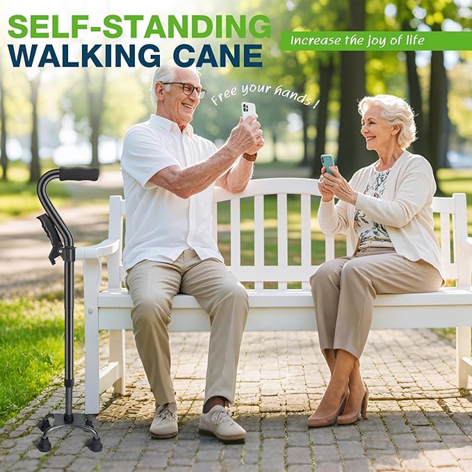 Ciavca Walking Canes for Women & Men, Adjustable Folding Quad Cane, Heavy Duty Walking Sticks Canes for Seniors Balance,Collapsible, Lightweight Self Standing Cane with 2nd Handle and 4-Pronged Base