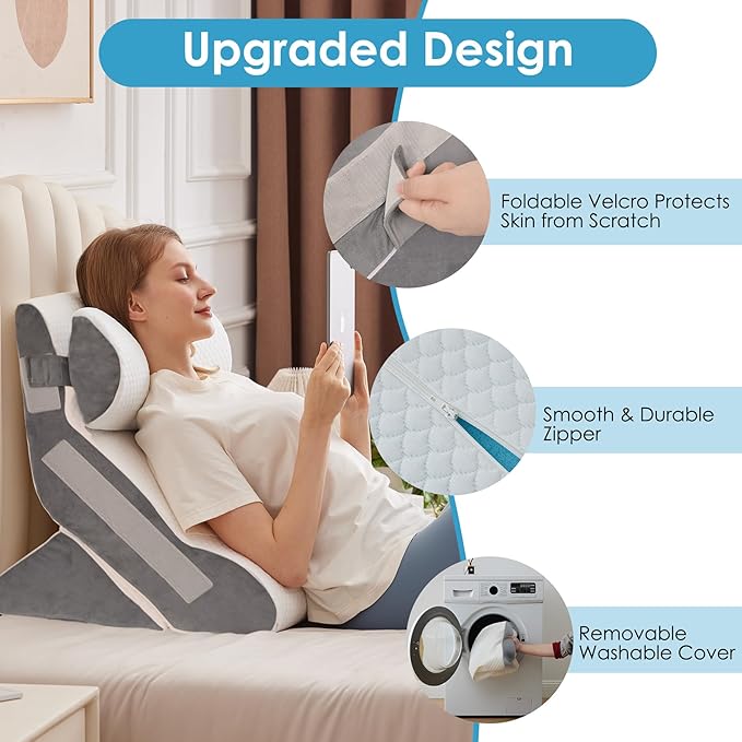 MEGCXIT 4PCS Bed Wedge Pillow for Headboard, Adjustable Wedge Pillow for Sleep Apnea, 23” Wide Triangle Pillow Wedge Set for After Surgery, Acid Reflux Relief, Snoring, Neck&Back Support, White/Grey