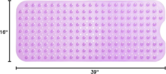 Extra-Long Non-Slip Bathtub & Shower Mat 39”x16” (Smooth/Non-Textured Tubs Only) Safe, Clean, Machine-Washable, Superior Grip&Drainage, Vinyl, Transparent Purple