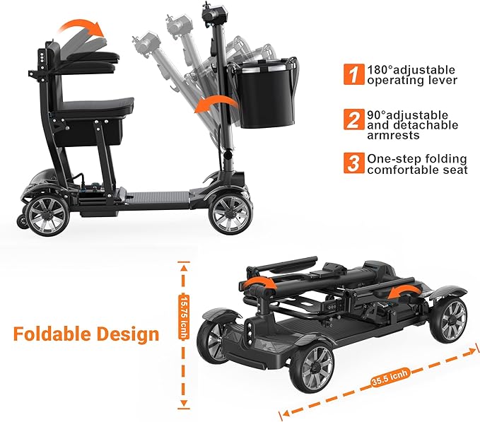 Mobility Scooter for Adults, 4 Wheels Mobility Scooter with LCD Display, 350LBS Capacity & Lithium Battery, Airline Approved, 38LBS Motorized Mobility Scooter for Seniors (Black, 15 MI-211)