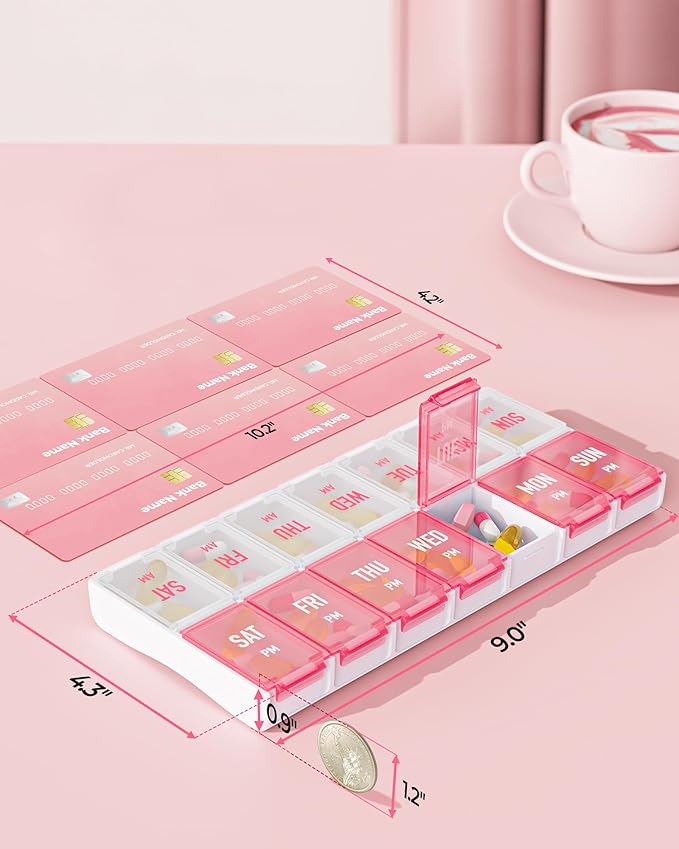 AMOOS Weekly Pill Organizer 2 Times a Day, Stylish Pill Box 7 Day AM PM with Large Compartments, Pill Case Easy to Use, BPA-Free Pill Container for Vitamins, Fish Oils, Supplements, Medicines, Pink