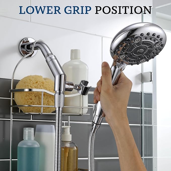 G-Promise Handheld Shower Head High Pressure 6 Spray Settings, Detachable Hand Held Showerhead 4.9 Inch Face with Extra Long Flexible Hose and Angled Bracket for Caddy & Shelf Installation