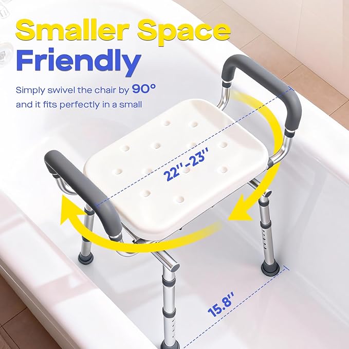 360° Swivel Shower Chair with Arms, Heavy-Duty Shower Stool for Inside Shower Stall and Tub, Safety Height Adjustable Shower Seat for Elderly and Disabled