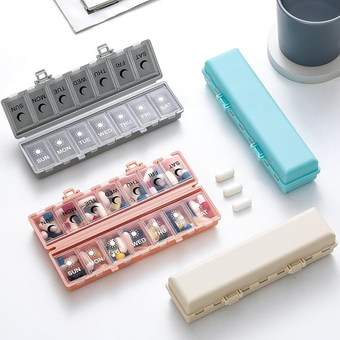 Foldable Pill Organizer Weekly 2 Times a Day, 7 Day Portable AM PM Travel Pill Case with Black&White Labels, Dual-Protection Daily Medicine Box, Large Pill Container for Vitamin/Supplement-Pink