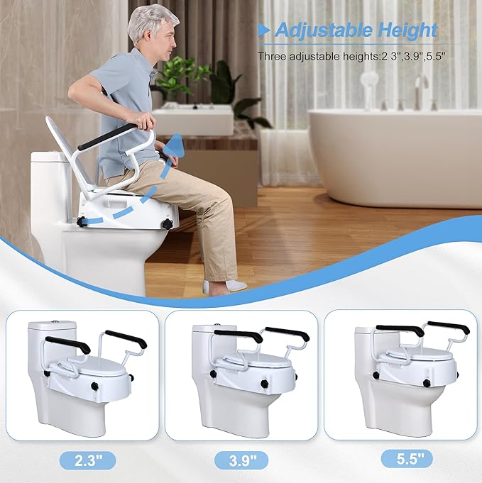 Raised Toilet Seat for Seniors with Flip-up Handles, 5.9" Adjustable Toilet Seat Riser Elevated Medical Supplies & Equipment for Handicap, Elderly, Hip Replacement After Surgery