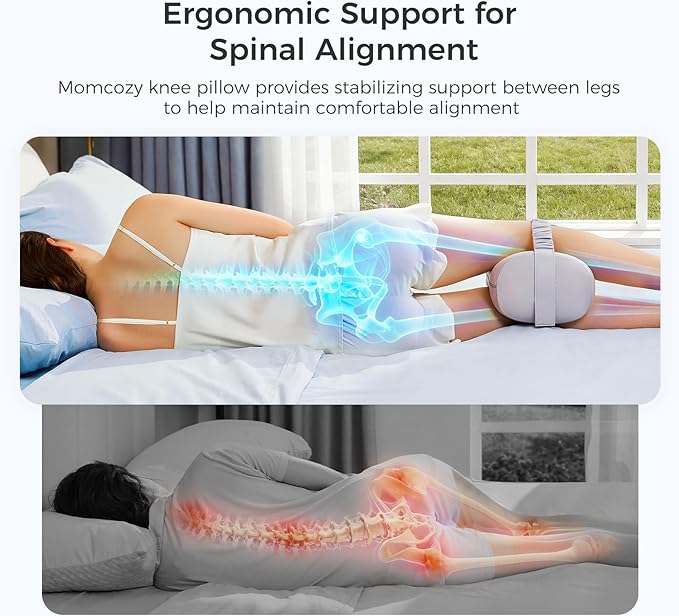 Momcozy Knee Pillow for Side Sleepers, Soft Memory Foam & Pinch-Free Design, Relieve Knee, Leg and Sciatica Pain, Adjustable Elastic Strap Ideal for Pregnant Women and Seniors, Cooling Cover, Gray